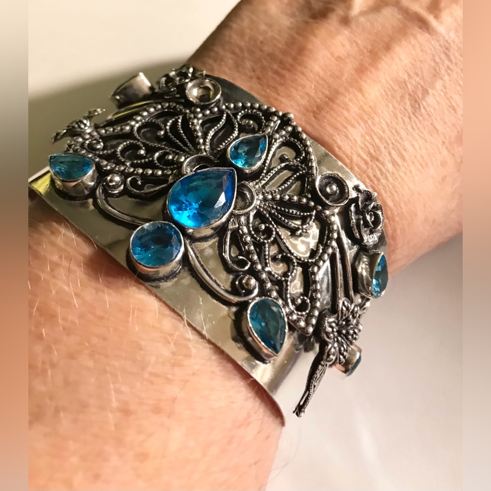 Blue Topaz Stamped 925 Sterling Silver Cuff Bracelet